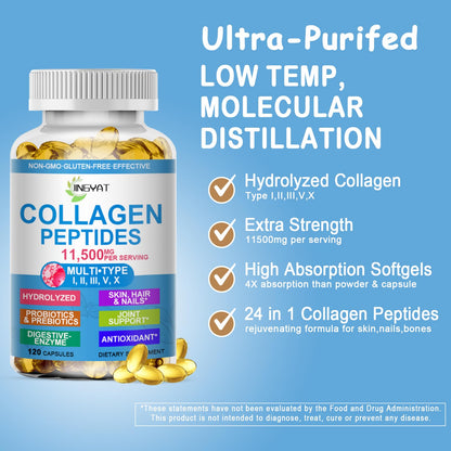 Collagen Peptides Softgels, Multi Collagen Peptide w/ Glucosamine Chondroitin MSM Biotin, Hydrolyzed Collagen Peptides Complex for Women Supports Skin Hair JINGYAT