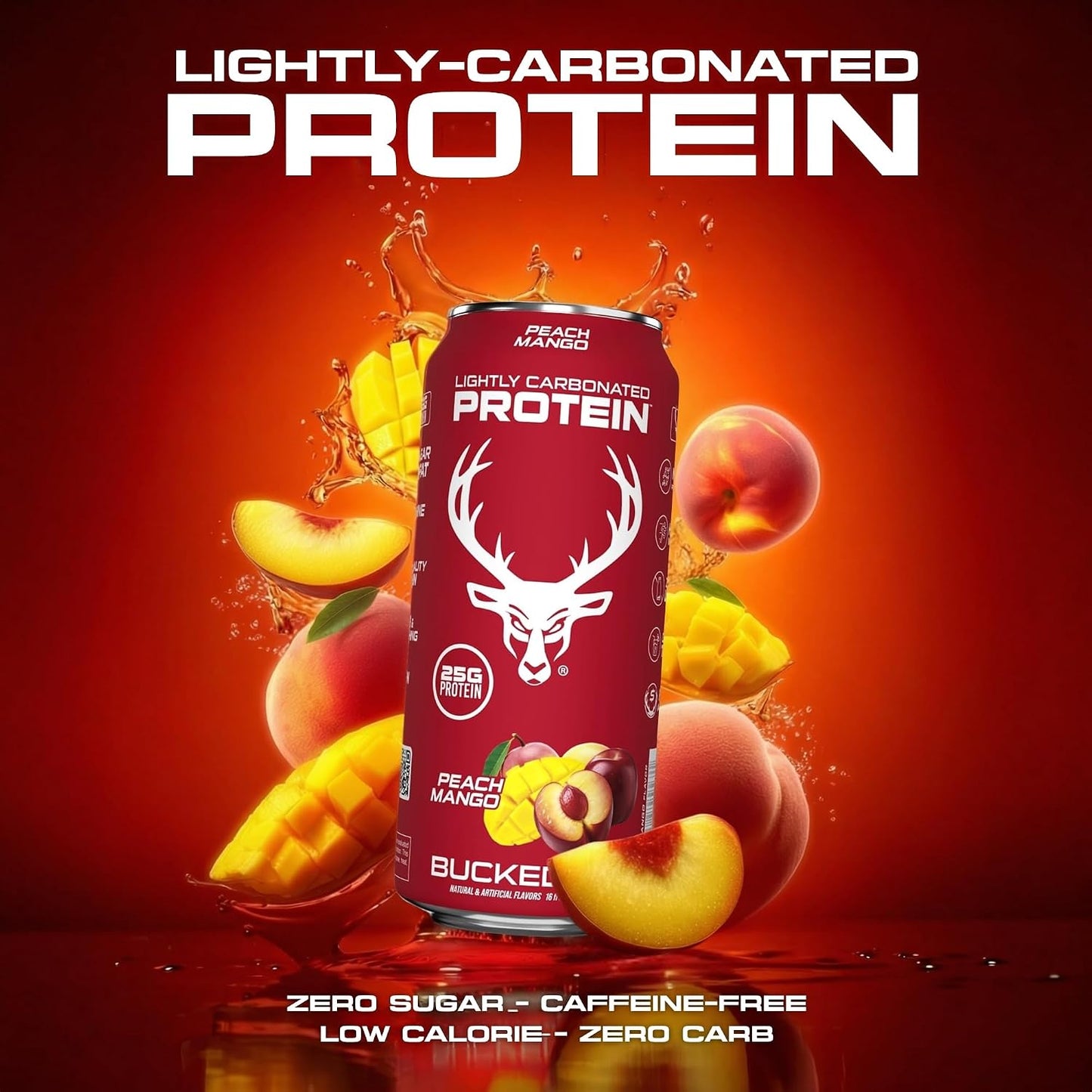 Bucked Up Lightly Carbonated Protein Soda | 25g Whey Isolate - Zero Sugar, Low Calorie, Caffeine Free, Clean Drink | Sparkling Protein Soda - 12 Pack, 16 oz Cans (Peach Mango)
