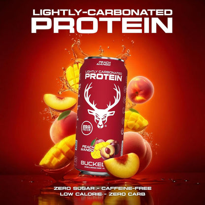 Bucked Up Lightly Carbonated Protein Soda | 25g Whey Isolate - Zero Sugar, Low Calorie, Caffeine Free, Clean Drink | Sparkling Protein Soda - 12 Pack, 16 oz Cans (Peach Mango)