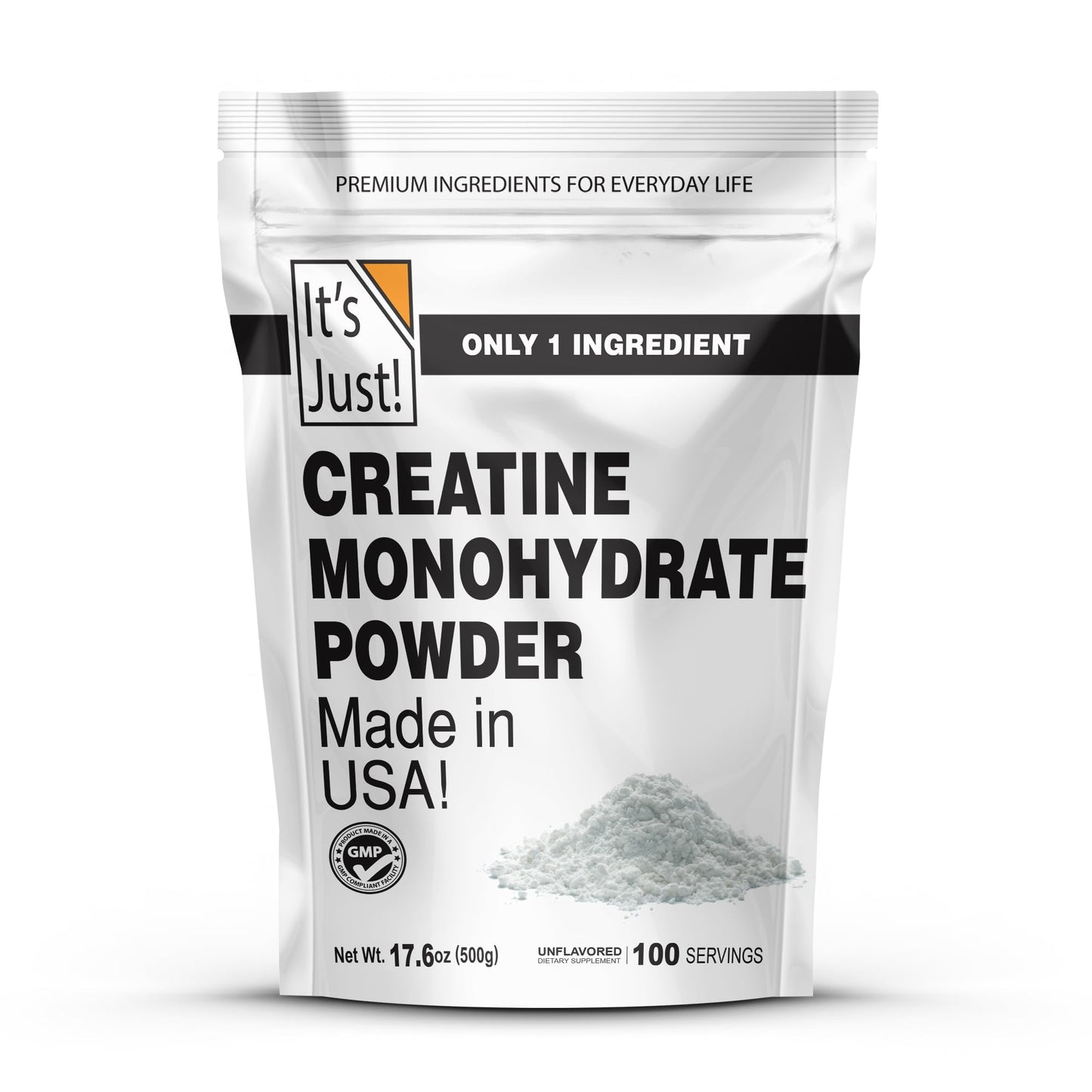 It's Just! - Creatine Monohydrate Powder, Pure Creatine Powder, Made in USA, 3rd Party Lab Tested, 5g Per Serving, Scoop Included, No Fillers, No Added Flavor (Unflavored, 500g / 100 Servings) It's Just!