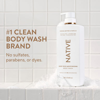 Native Moisturizing Body Wash, Clean & Gentle 24-Hour Hydration with Shea Butter, for Sensitive and Dry Skin, for Women & Men, Sulfate-free, Paraben-free, Cocoa Butter & Vanilla, 22 fl oz Native