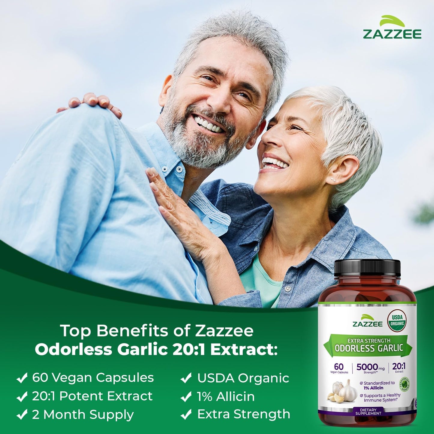 Zazzee USDA Organic Odorless Garlic 20:1 Extract, 1% Allicin, 100 Capsules | Vegan, 3+ Month Supply, Allium Sativum, Immune, Circulation & Heart Health Support, All-Natural, Non-GMO, Made in the USA Gsupps Australia