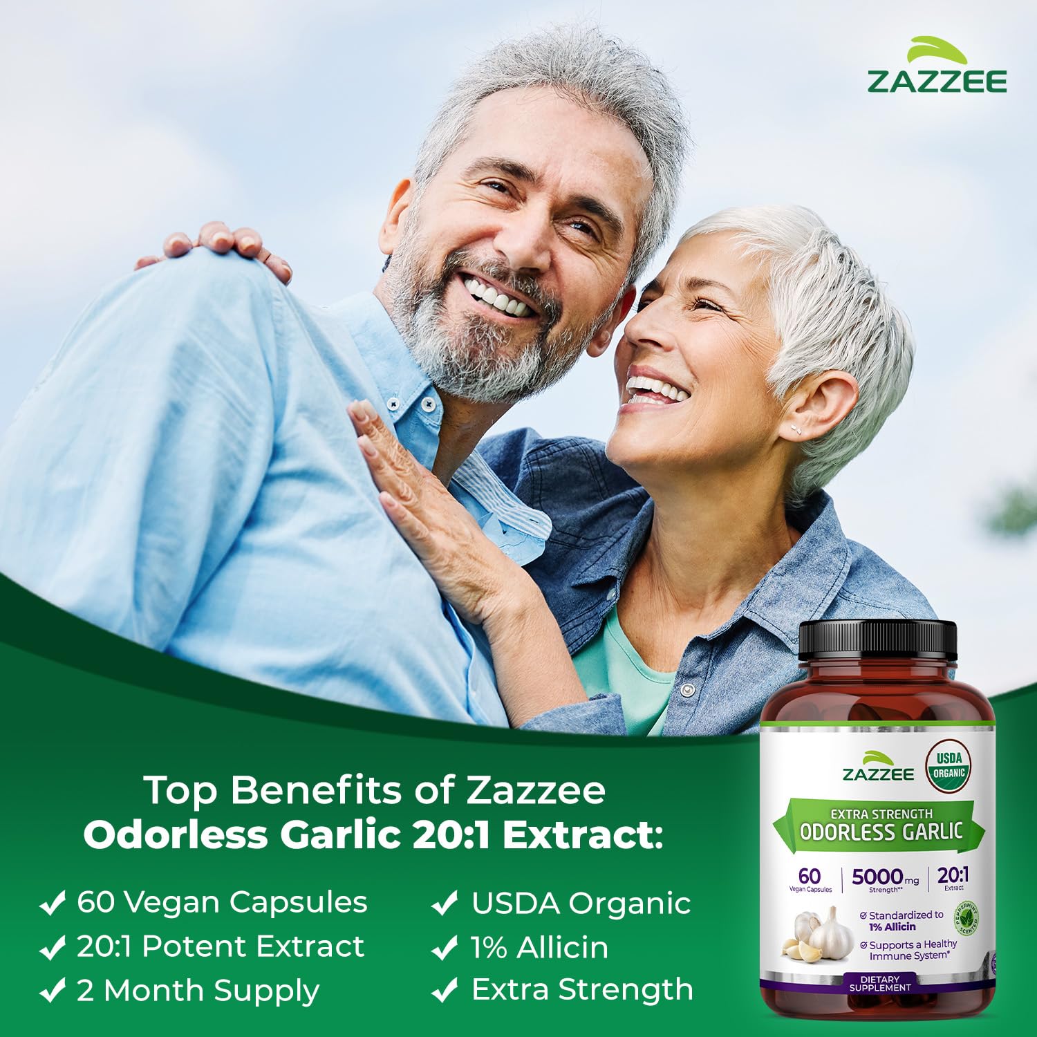 Zazzee USDA Organic Odorless Garlic 20:1 Extract, 1% Allicin, 100 Capsules | Vegan, 3+ Month Supply, Allium Sativum, Immune, Circulation & Heart Health Support, All-Natural, Non-GMO, Made in the USA Gsupps Australia