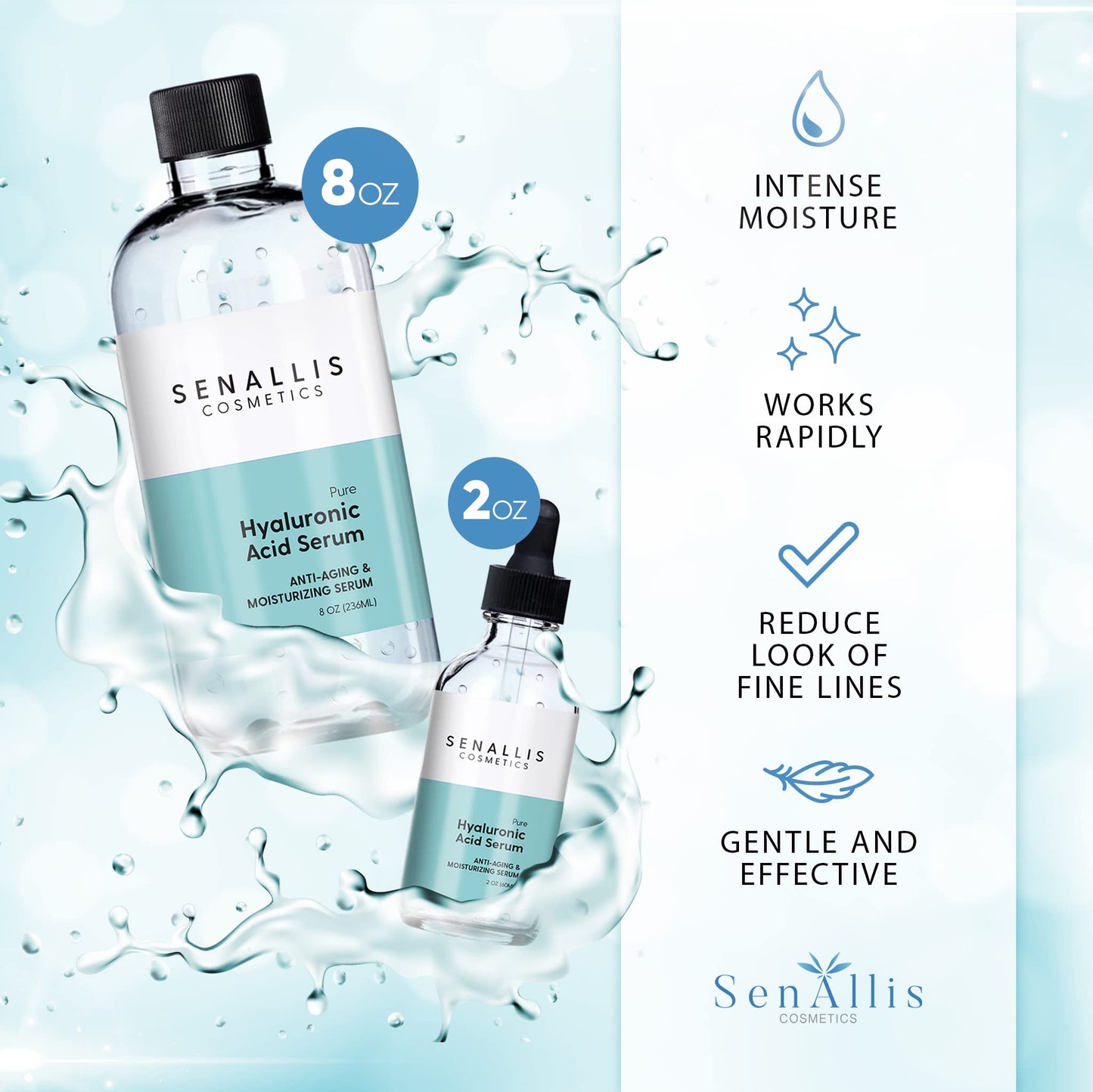 Hyaluronic Acid Serum 8 fl oz And 2 fl oz, Made From Pure Hyaluronic Acid, Anti Aging/Wrinkle, Ultra-Hydrating Moisturizer SenAllis Cosmetics