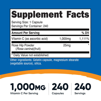 Nutricost Vitamin C with Rose Hips 1025mg, 240 Capsules - Vitamin C 1,000mg, Rose Hips 25mg, Premium Nutricost