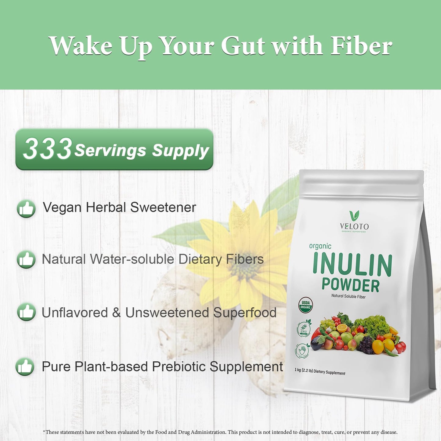 VELOTO Organic Inulin Powder – Prebiotic Fiber Supplement for Smoothies & Drinks, 2.2 lb, Flavorless, Water Soluble, Vegan & Non-GMO VELOTO