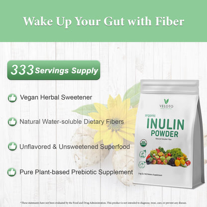 VELOTO Organic Inulin Powder – Prebiotic Fiber Supplement for Smoothies & Drinks, 2.2 lb, Flavorless, Water Soluble, Vegan & Non-GMO VELOTO