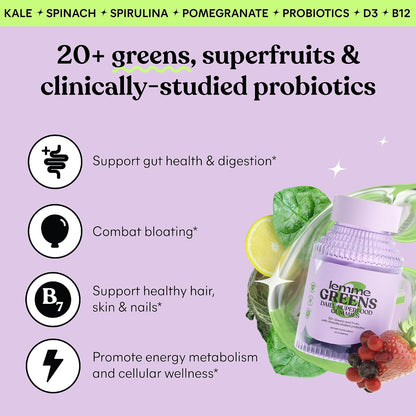 Lemme Greens Superfood Gummies w/Multi - Support Gut Health & Reduce Bloating, 20+ Organic Greens and Superfruits, Clinically Studied Probiotics, D3, B12 - Berries & Greens Flavored (60 Count)