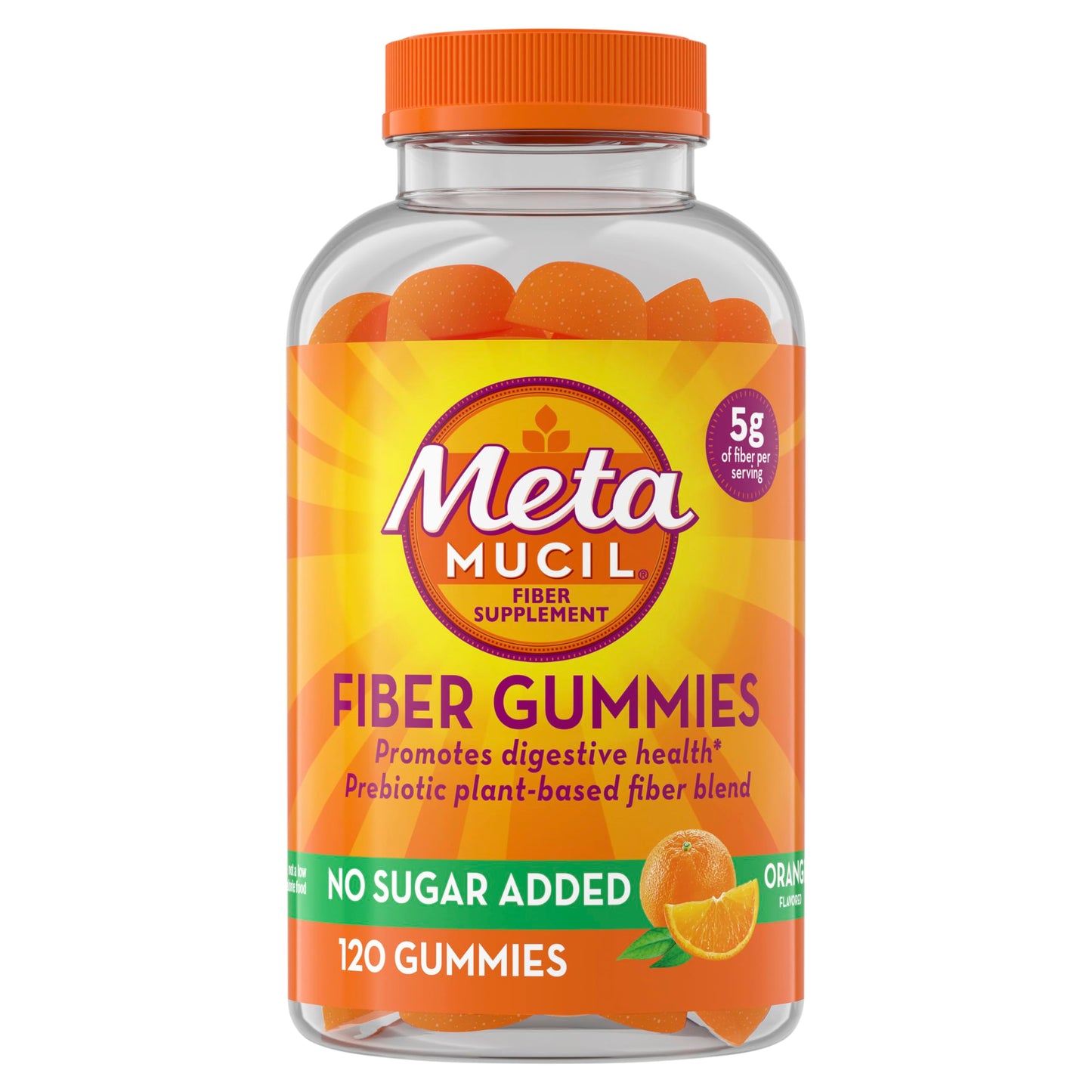 Metamucil Fiber Gummies for Adults, No Sugar Added Orange Flavor, 5g Prebiotic Plant Based Fiber Supplement Blend, 120 Count Metamucil
