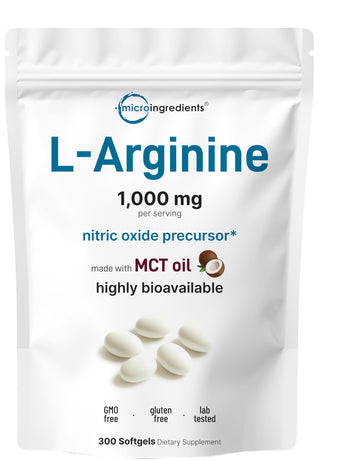 Micro Ingredients L-Arginine 1000mg with MCT Oil, 300 Softgels | Nitric Oxide Precursor* for Men & Women | Extra Strength Amino Acid Formula for Daily Wellness Micro Ingredients buy australia supplements
