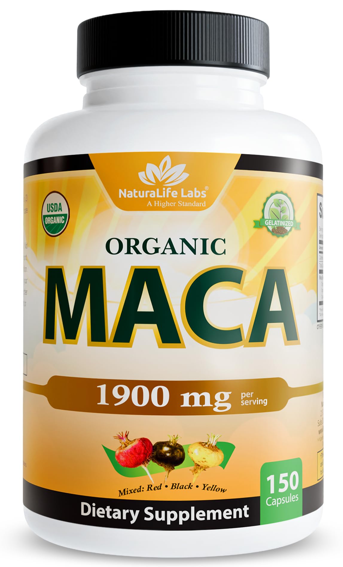 NaturaLife Labs Organic Maca Root – Black, Red & Yellow – 1900 mg per Serving – 150 Capsules – Gelatinized Peruvian Maca NaturaLife Labs