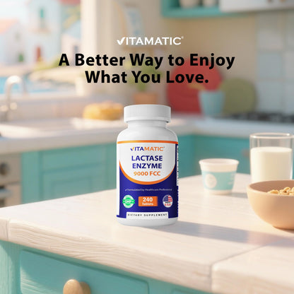 Vitamatic Lactase Enzyme 9000 FCC 240 Tablets - Lactose Intolerance Relief Caplets Vitamatic