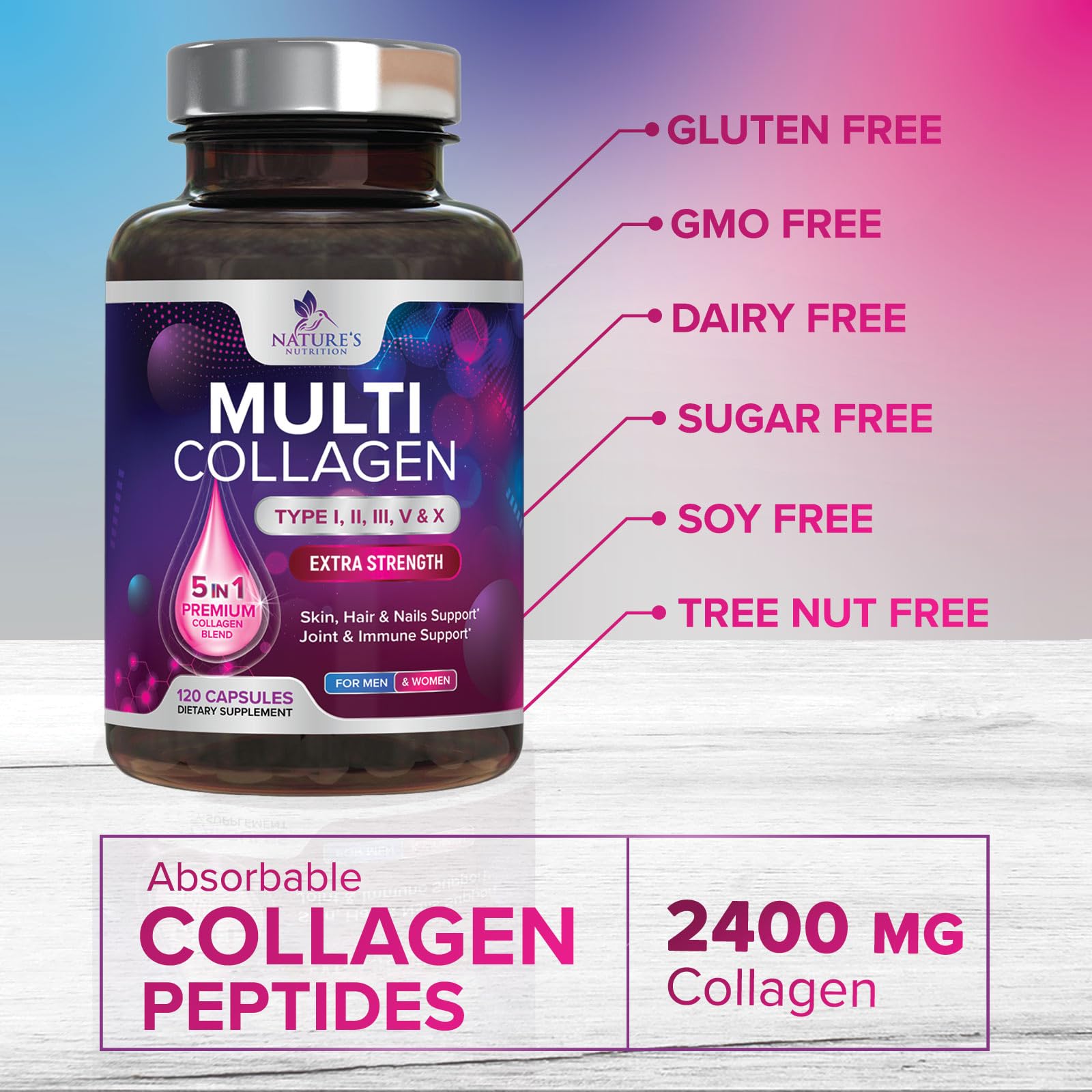 Multi Collagen Pills 2400 mg - Advanced Types I, II, III, V, X - Hydrolyzed Multi Collagen Peptides Pills, Collagen Supplements for Women & Men - Hair, Skin, & Nail Support Supplement - 120 Capsules Nature's Nutrition buy australia supplements