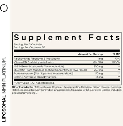 Codeage Liposomal NMN Platinum - 500 mg NMN Supplement, Nicotinamide Mononucleotide, NAD Precursor - Quercetin, Resveratrol, Betaine TMG, Vitamin B2 Riboflavin & Vitamin B12 - Non-GMO - 90 Capsules