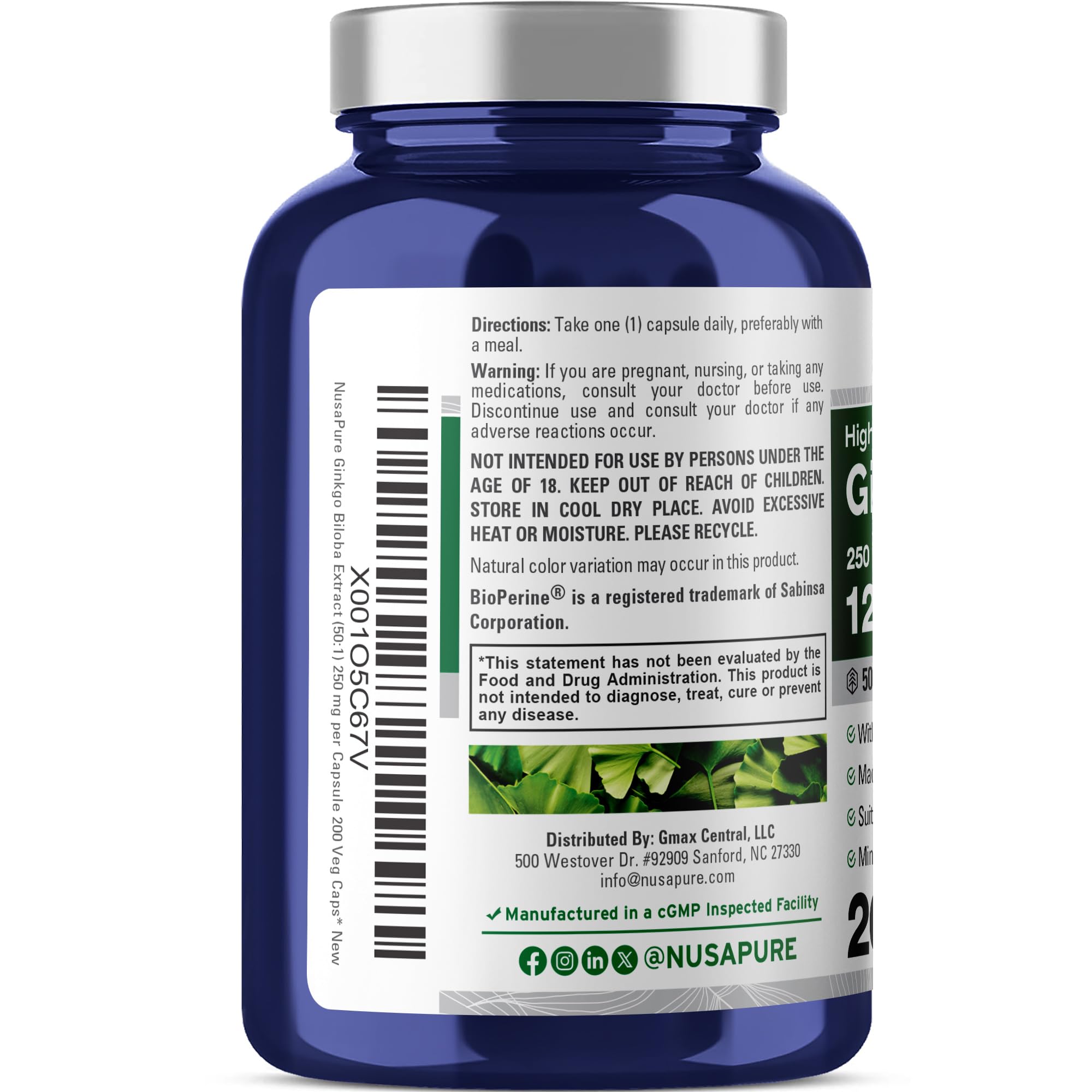 NusaPure Ginkgo Biloba 50:1 Extract, 250 mg Equivalent to 12,500 mg per Veggie Caps 200 Capsules (Vegetarian, Non-GMO, Vegan) Bioperine NusaPure buy australia supplements