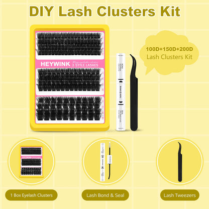 HEYWINK Lash Clusters Kit 60D 80D 100D Thick Cluster Eyelash Extensions 12-18mm Lash Clusters Individual Lash Extensions DIY Clusters Lashes Extension at Home (60D+80D+100D 12-18MM Kit) HEYWINK