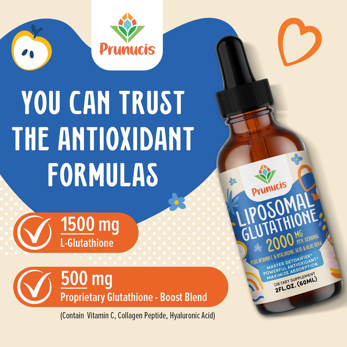 Prunucis 2000MG Liposomal Glutathione Liquid, 98% Absorption, Active Form L-Glutathione Supplement, Prunucis