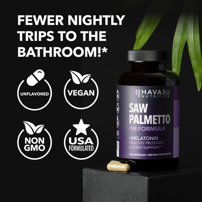 Saw Palmetto PM for Men w/ Melatonin, Nighttime Bladder Support, 200 Count | Vegan, Non-GMO Saw Palmetto Extract & Melatonin to Reduce Urinary Frequency, Prostate Health Supplement, 200 Servings Gsupps Australia