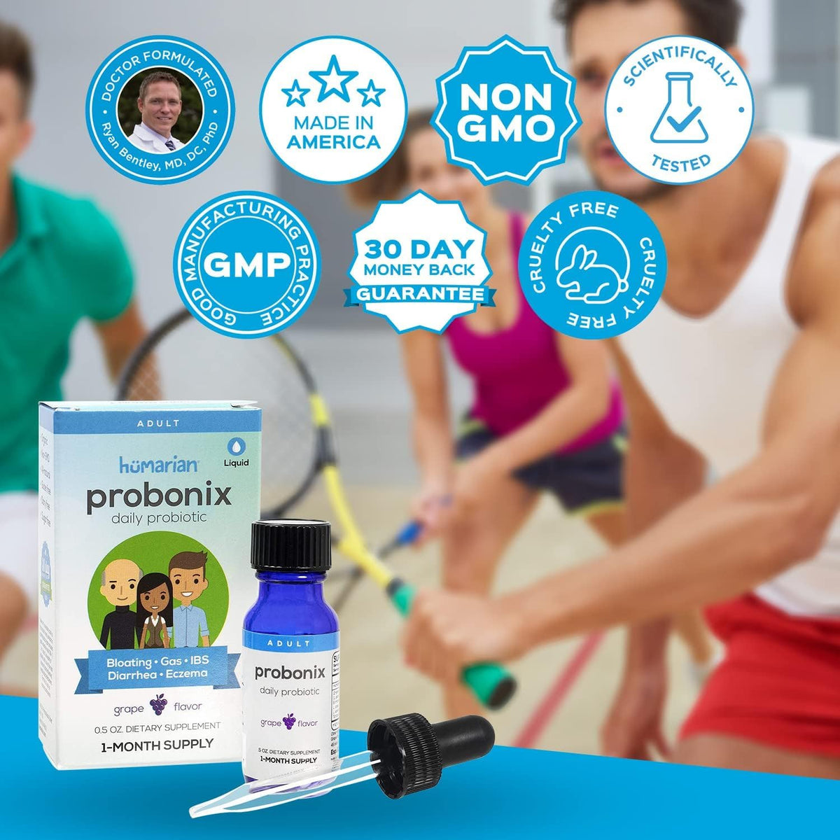 Probonix Humarian Liquid Probiotics for Adults - 12-Strain Probiotic Drops to Fortify Gut Health, Immunity and More - 30-Day Supply - Delicious Grape Flavor Probonix