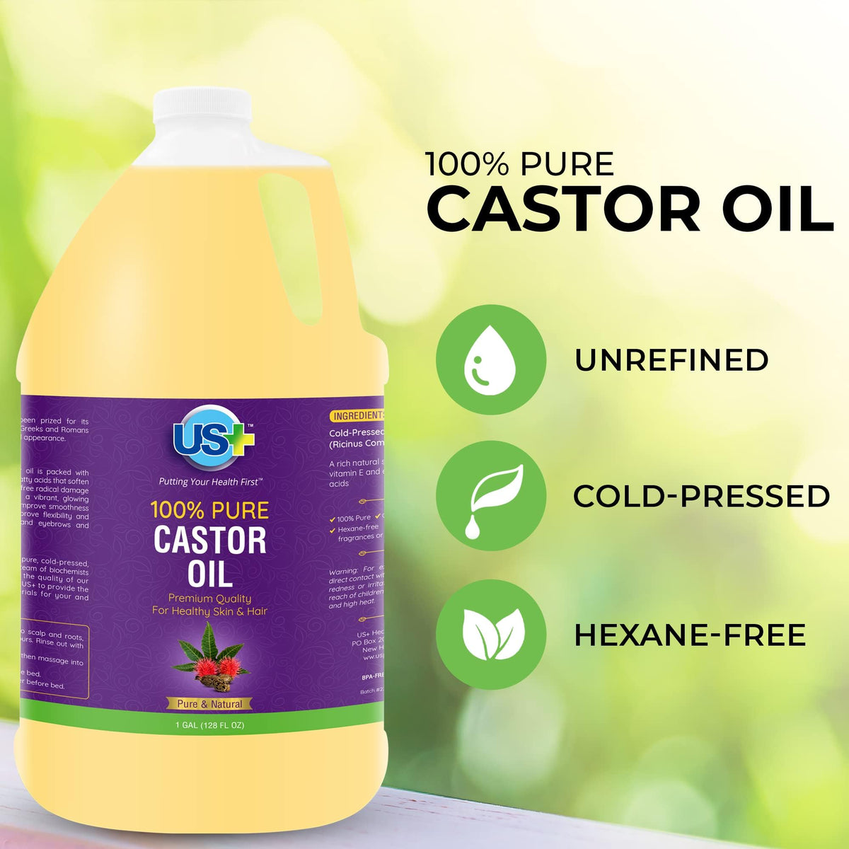 US+ Castor Oil Cold Pressed, 100% Pure, USP Grade - 1 Gallon US+