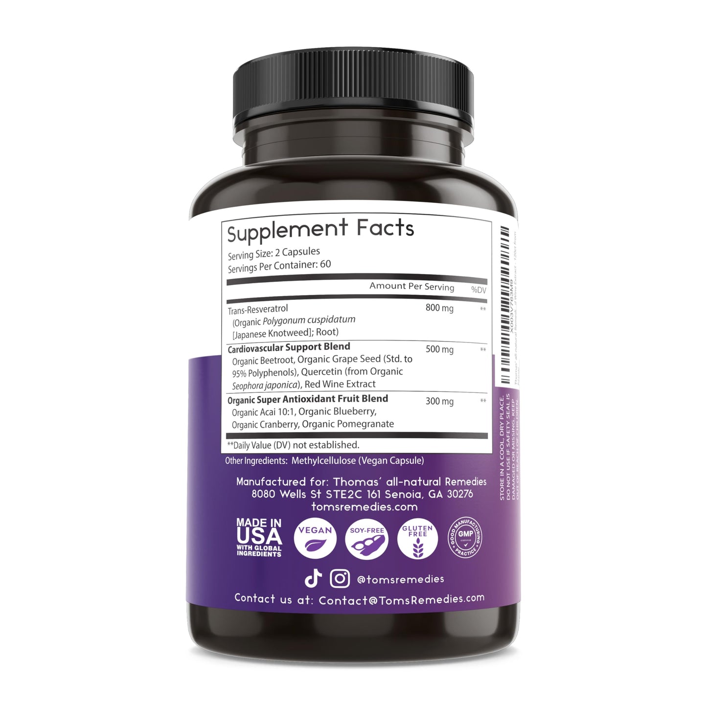 Thomas' all-natural Remedies Resveratrol 1600mg Organic Trans-Resveratrol Antioxidant Supplement with Organic Grape Seed Extract and Quercetin Thomas' all-natural Remedies