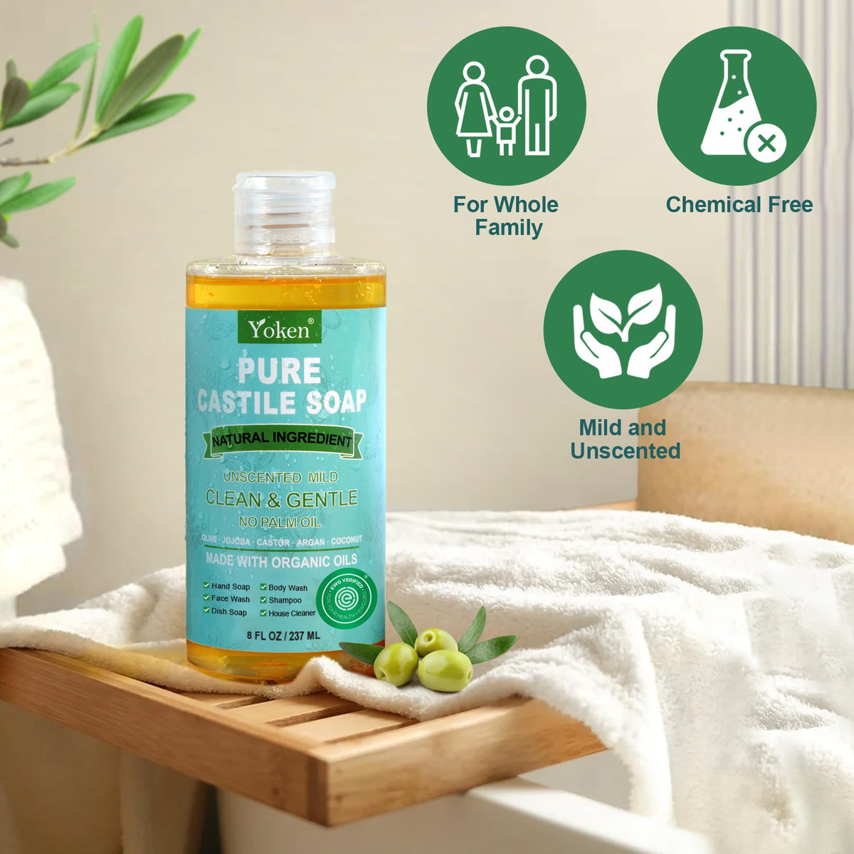 Yoken Pure Castile Liquid Soap 8 Oz Unscented with Organic Oil EWG Verified Yoken