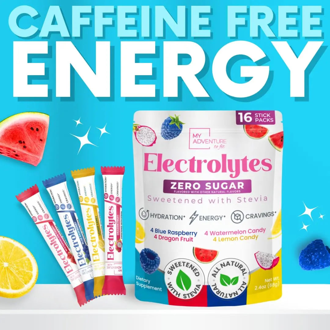 My Adventure to Fit Electrolytes Powder Packets – 16 Sugar-Free Hydration Packets, Potassium Supplement, Watermelon Candy, Blue Raspberry, Lemon Candy, Dragon Fruit My Adventure to Fit