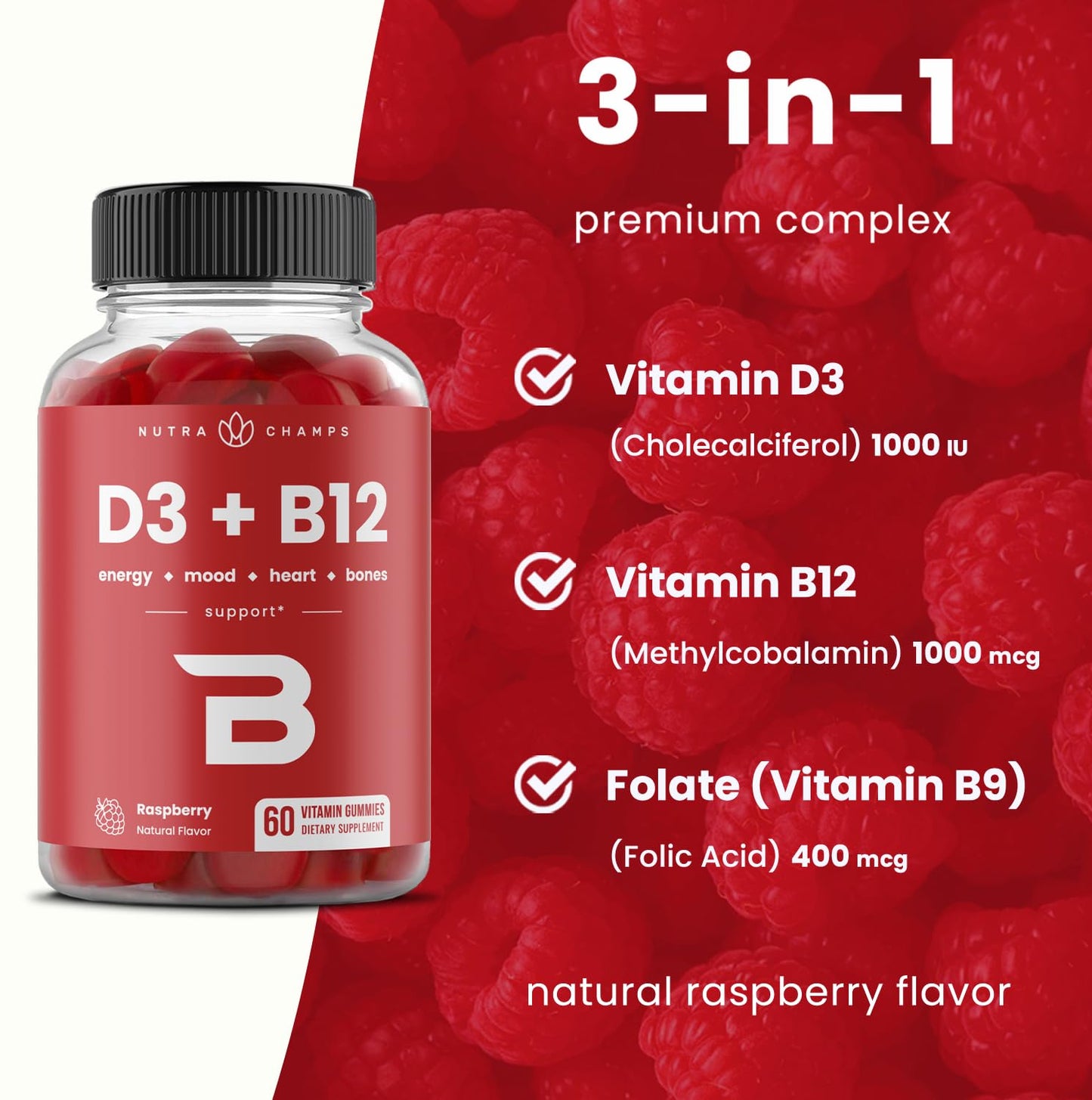 NutraChamps Vitamin D3 & B12, Methyl B12 Gummies for Adults & Kids, Enhanced with Vitamin D 3 & B9 Vitamin Folate, Natural Energy, Mood NutraChamps