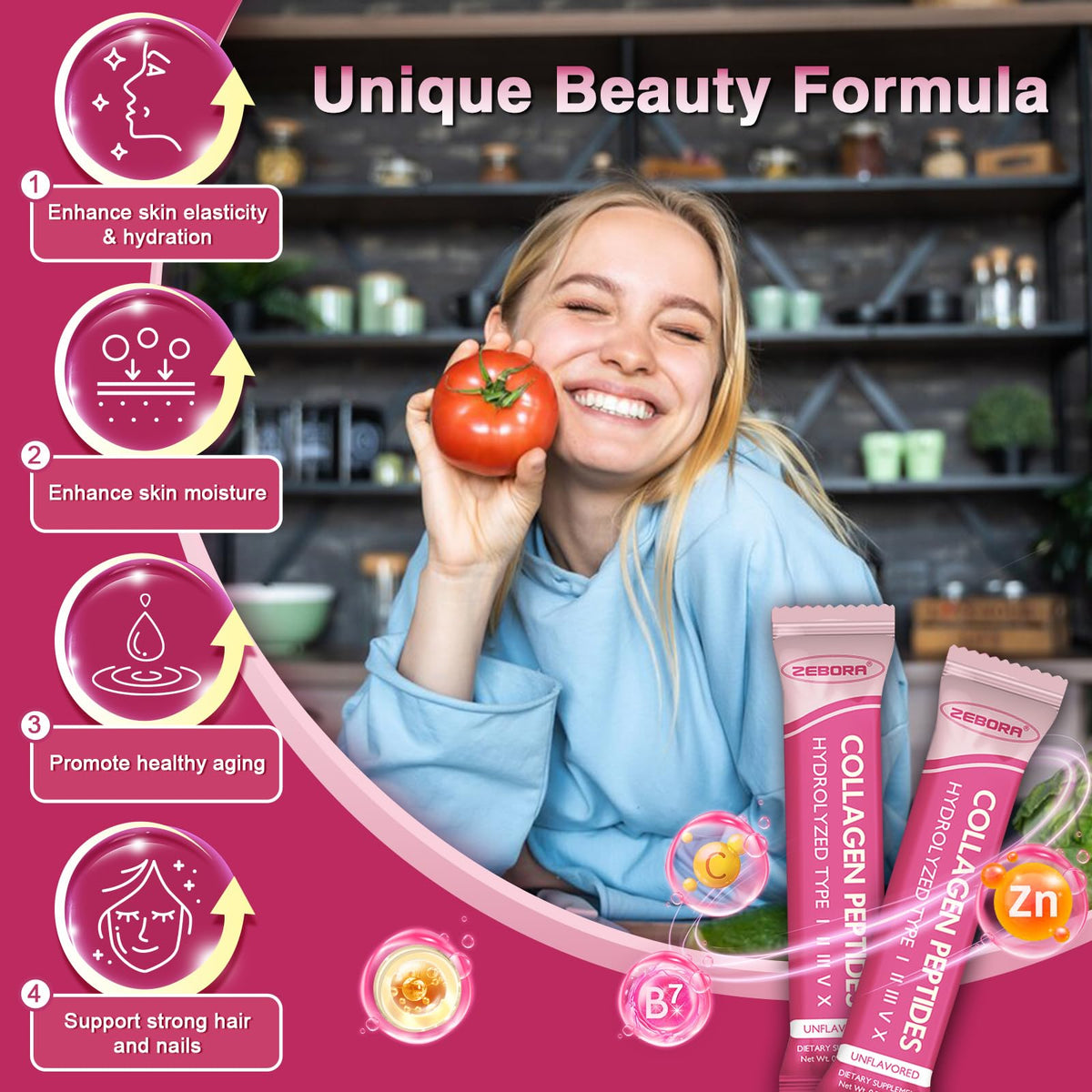 ZEBORA Multi Collagen Peptides Powder Packets with Hyaluronic Acid, Biotin, MCT - Hydrolyzed Collagen with 5 Billion Probiotics ZEBORA