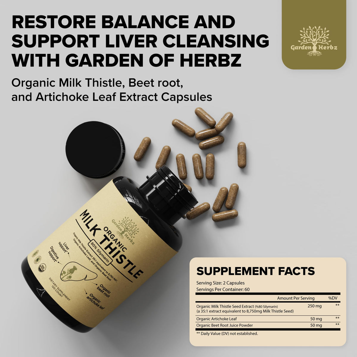 Garden of Herbz USDA Organic Milk Thistle Liver Detox Supplement 80% Silymarin, 250 mg with Beet Root & Artichoke Extract for Liver Support & Digestion, Garden of Herbz