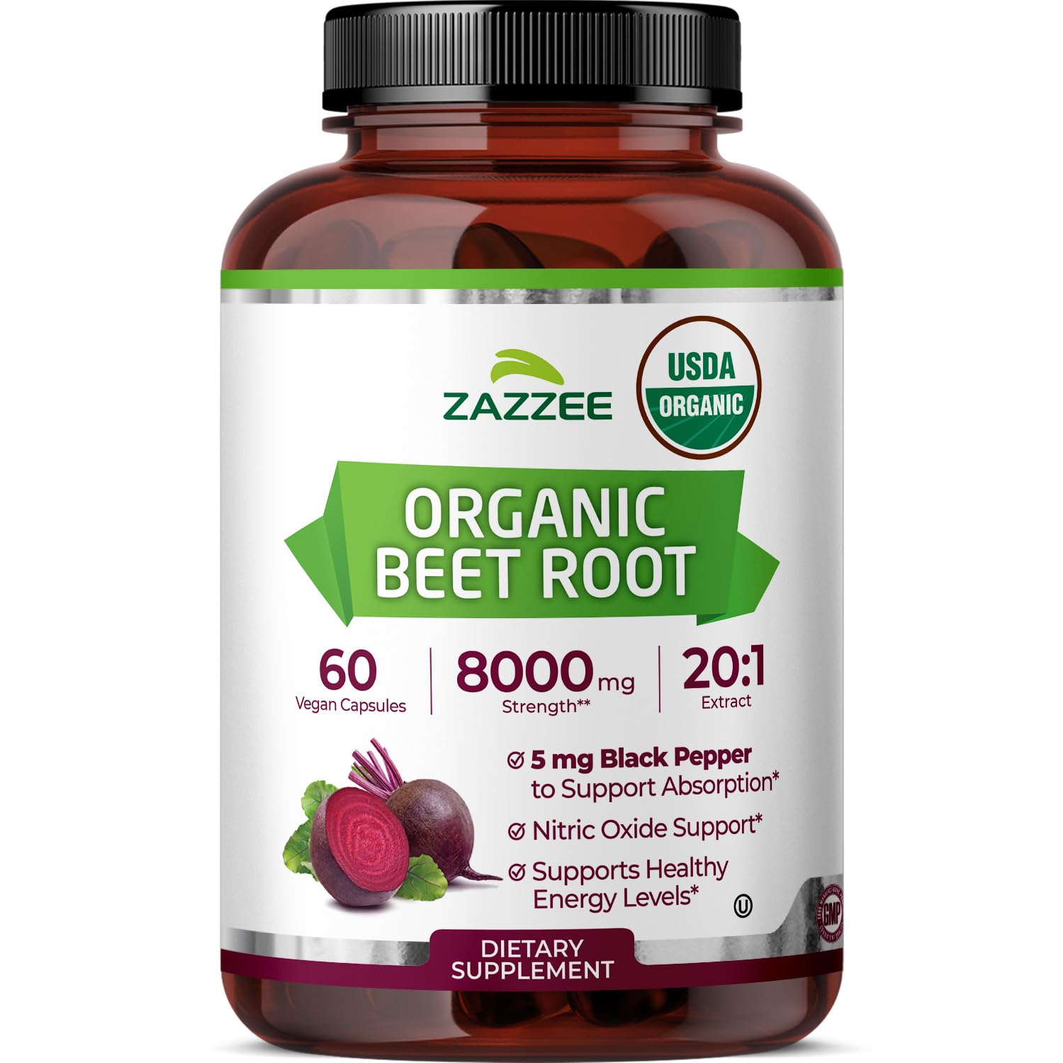 Zazzee USDA Organic Beet Root 20:1 Extract, 120 Quick Release Capsules | 4 Month Supply, Vegan, Nitric Oxide Support, Black Pepper Extract for Enhanced Absorption, Certified Kosher, Made in the USA Gsupps Australia