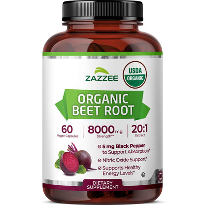 Zazzee USDA Organic Beet Root 20:1 Extract, 120 Quick Release Capsules | 4 Month Supply, Vegan, Nitric Oxide Support, Black Pepper Extract for Enhanced Absorption, Certified Kosher, Made in the USA Gsupps Australia
