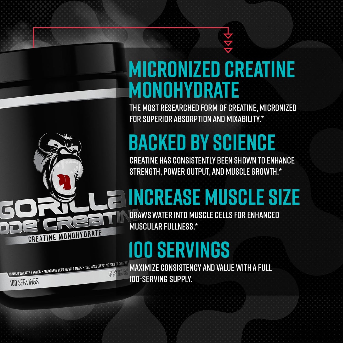 Gorilla Mind Creatine Monohydrate Micronized Powder, Improved Muscle Size, Power Output and Strength, 5 Grams per Serving, 100 Servings