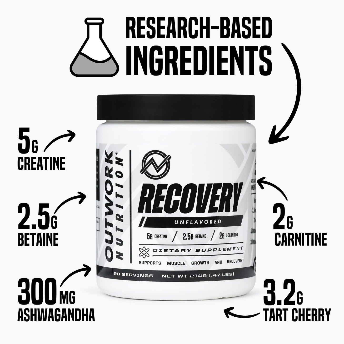Outwork Nutrition Post Workout Recovery Powder - Creatine Monohydrate, KSM-66 Ashwagandha & Tart Cherry - Speeds Recovery, Eases Soreness - Creatine Powder for Men & Women, Orange Sherbet, 230 Gr