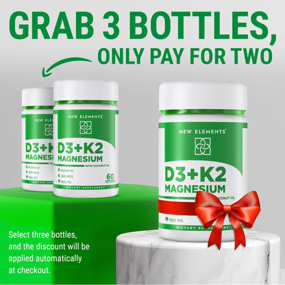 New Elements Vitamin D3 K2 10,000 IU with Magnesium Glycinate 500mg - Bone Health, Immune Support, Energy & Mood - Non-GMO, Gluten-Free New Elements