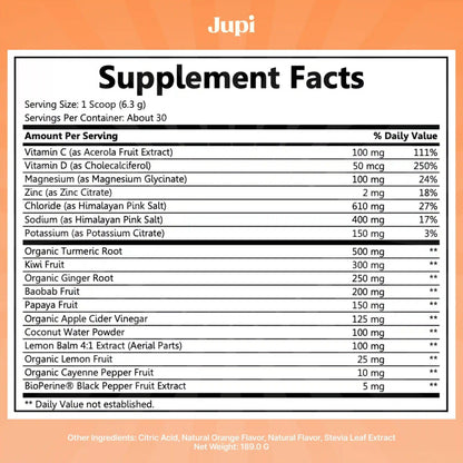 Jupi Hydration & Wellness Powder – Turmeric & Ginger shots, Vitamin C Supplement for Energy, Immune Support & Digestive Health – Vegan, Gluten-Free Drink Mix Jupi