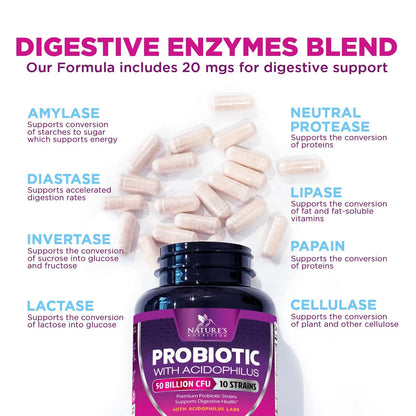 Probiotics for Digestive Gut Health - 50 Billion CFU Per Capsule, 10 Premium Strains & Prebiotics - Best Probiotics for Women & Men, Occasional Constipation, Gas, Immune Health Support - 180 Capsules Nature's Nutrition