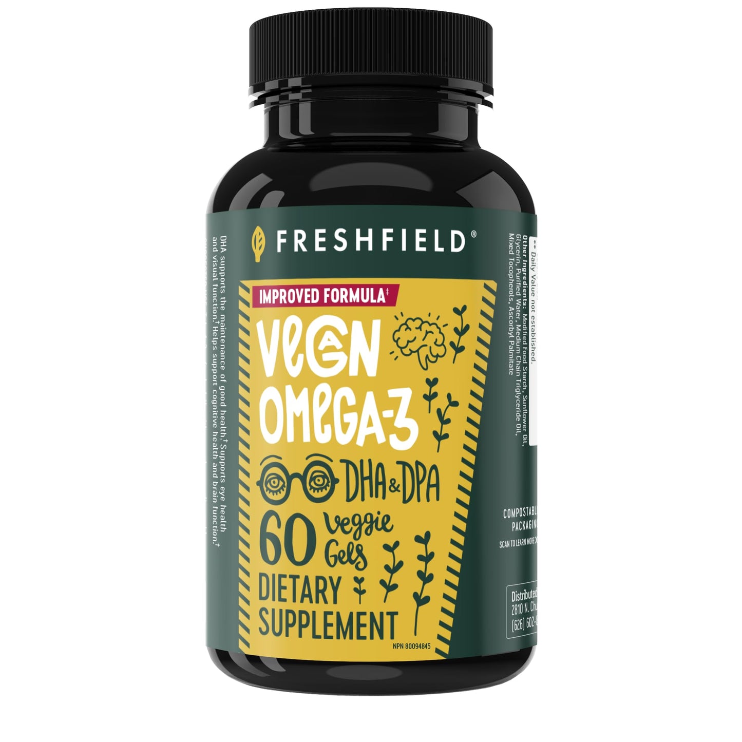 Freshfield Vegan Omega 3, Algae (Algal) Oil, Fish Oil Free Company, Third Party Tested, Carrageenan Free, DHA Supplement w/DPA Freshfield