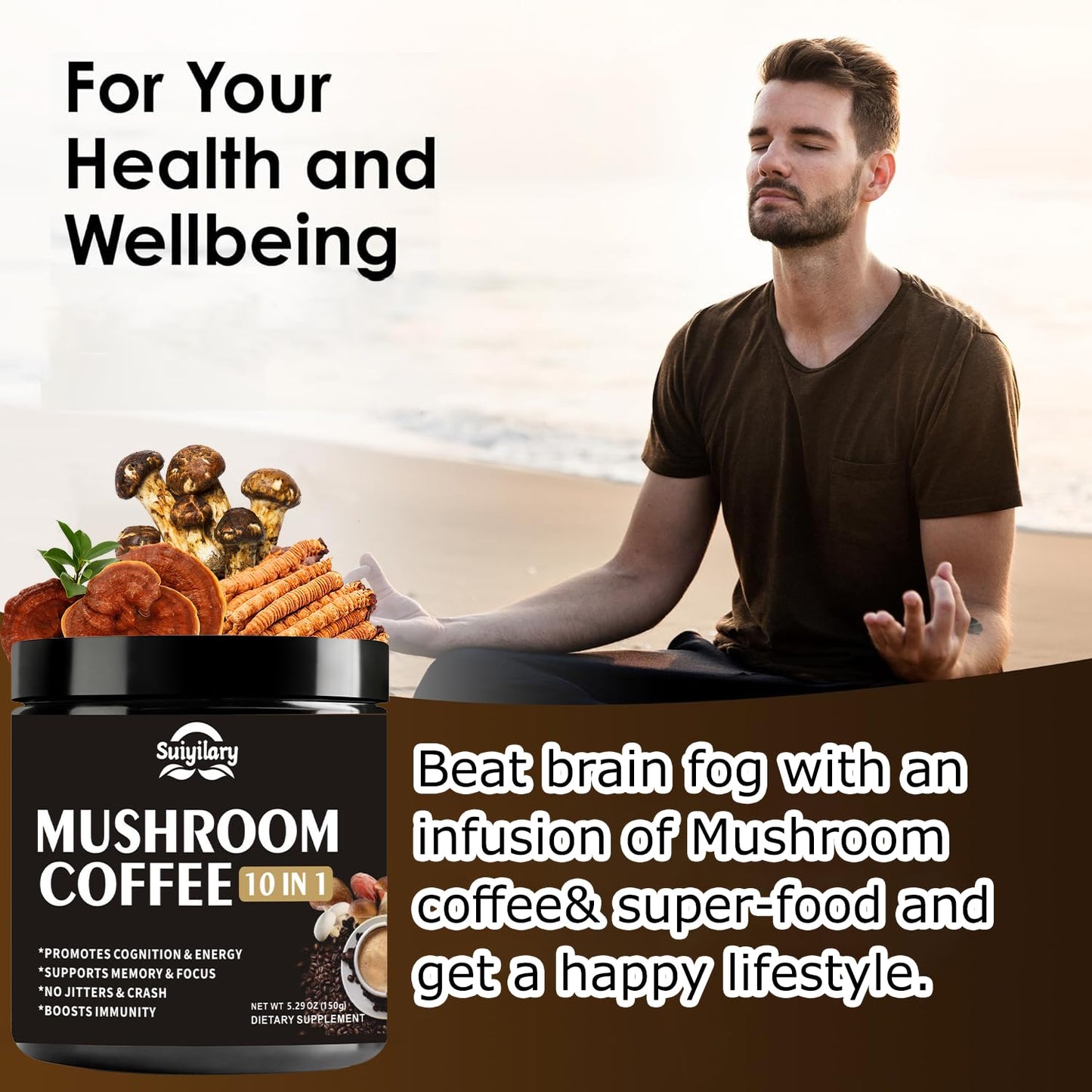 Suiyilary Mushroom Coffee, 10 Mushroom Extract Powder Blend Lion's Mane, Reishi, Chaga Suiyilary