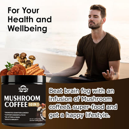 Suiyilary Mushroom Coffee, 10 Mushroom Extract Powder Blend Lion's Mane, Reishi, Chaga Suiyilary