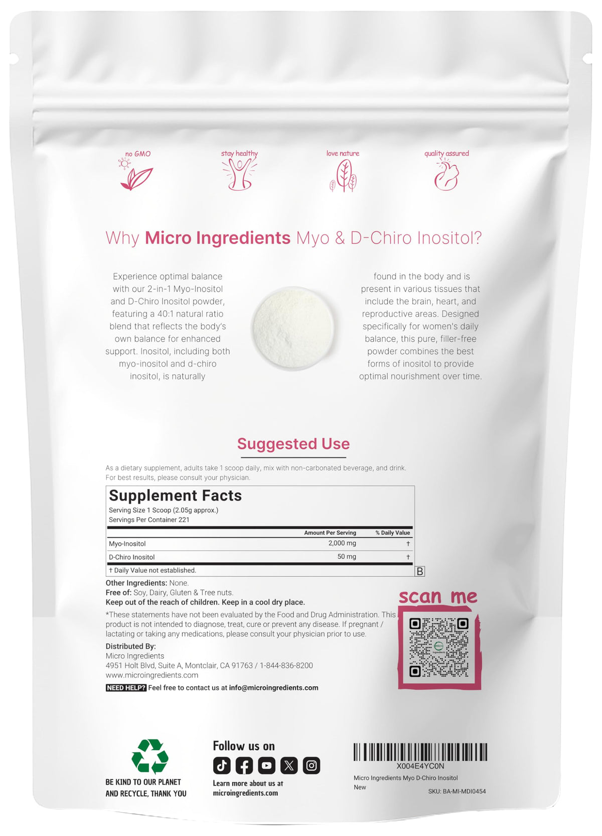 Micro Ingredients Myo-Inositol & D-Chiro Inositol Powder, 1lb (221 Servings) | 40:1 Ideal Ratio Inositol Supplement for Women | Supports Hormonal Balance Micro Ingredients