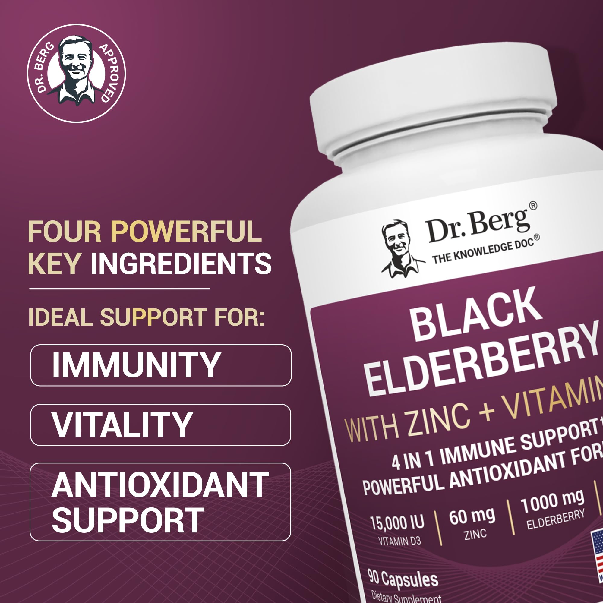 Dr. Berg Black Elderberry Capsules (Advanced Immune Support*) with 15,000 IU Vitamin D, 60 mg of Zinc, & 90 mg of Camu Camu - (4-in-1) Sambucus Elderberry Immune Support Supplement - 90 Capsules Dr. Berg Nutritionals buy australia supplements