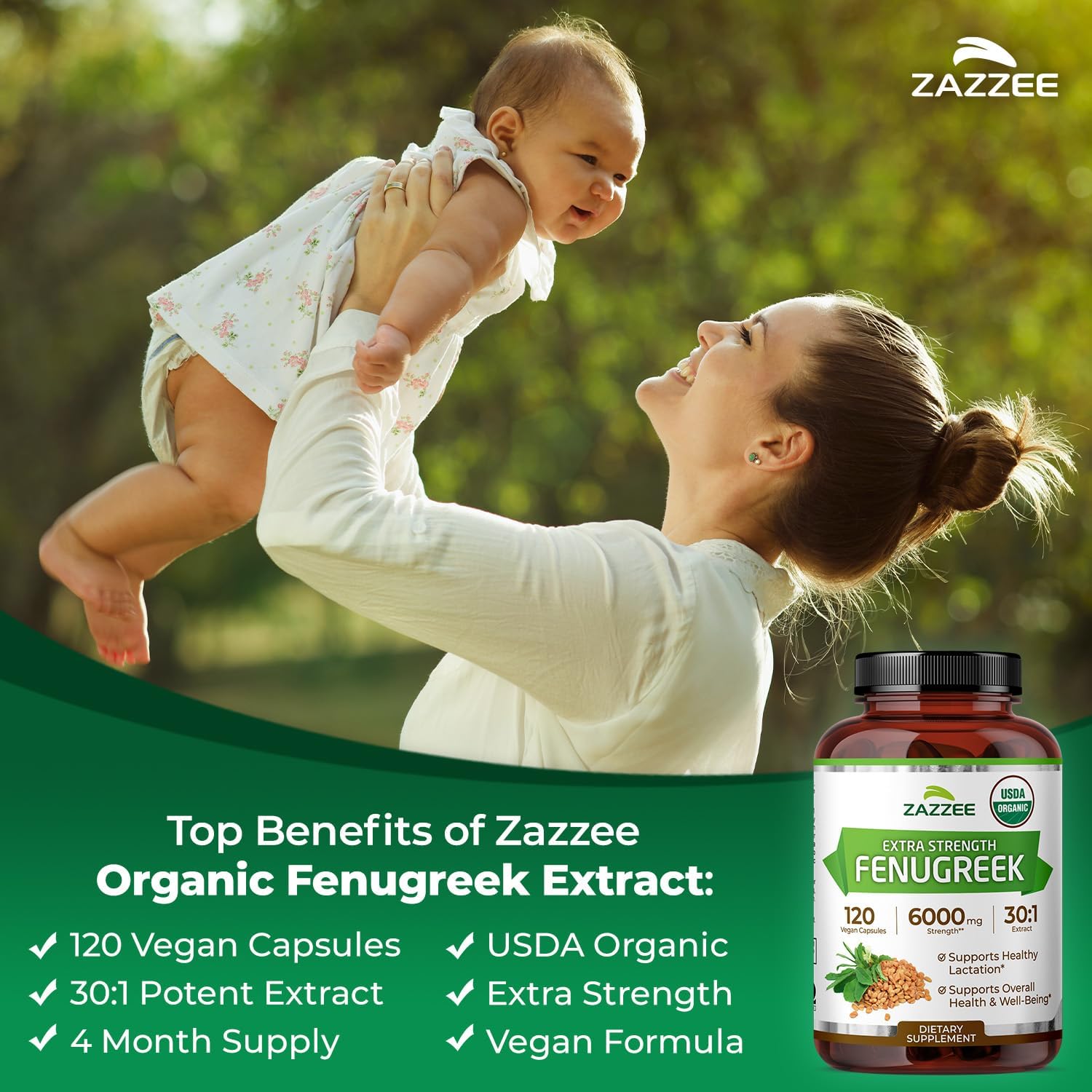 Zazzee USDA Organic Fenugreek 30:1 Extract, 120 Capsules, 4 Month Supply | Vegan, Breastfeeding & Lactation Support for Nursing Mothers, Organic Herbal Supplement, All-Natural, Non-GMO, Made in USA Gsupps Australia
