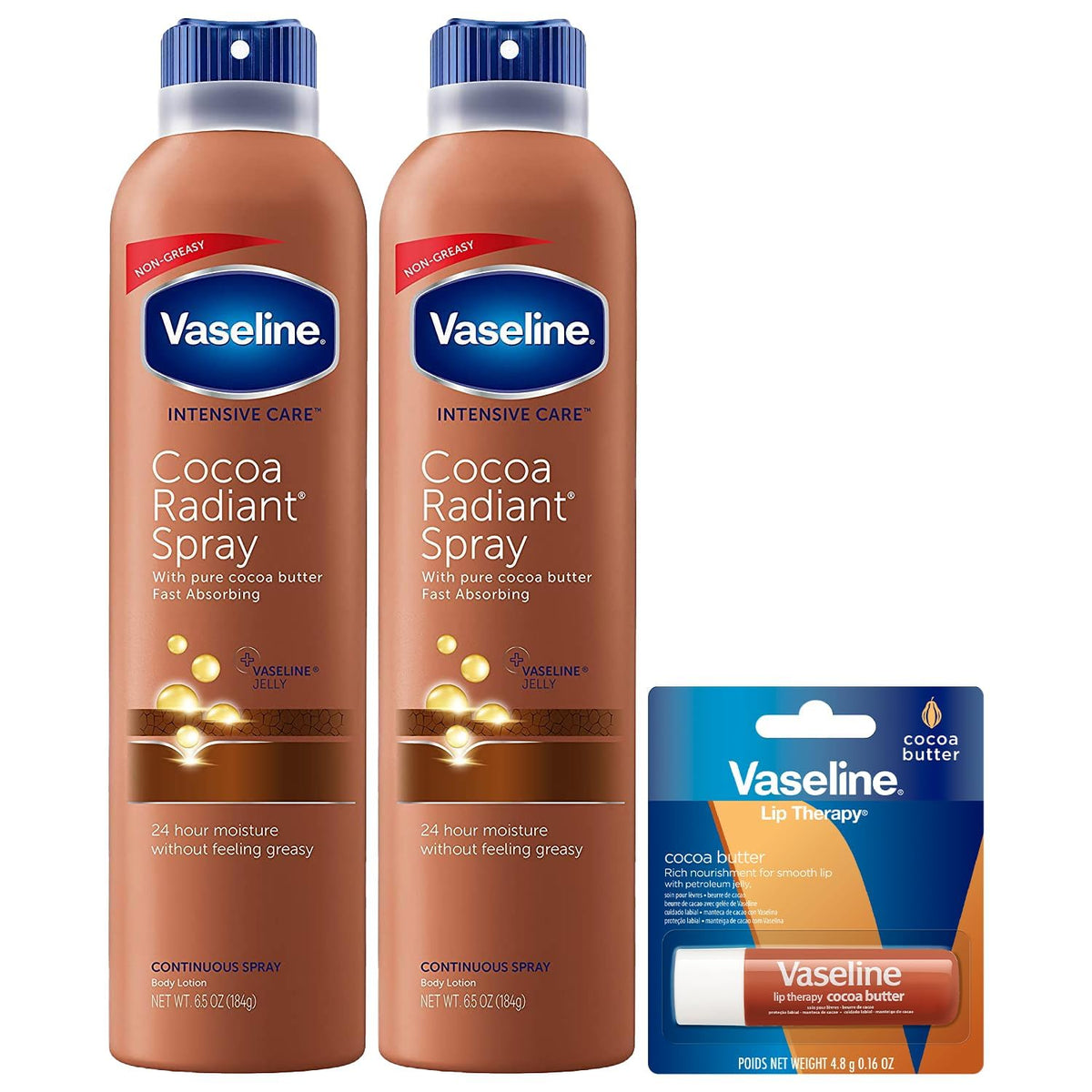 Vaseline Cocoa Radiant Spray Body Lotion 2-Pack + Lip Therapy Stick Vaseline