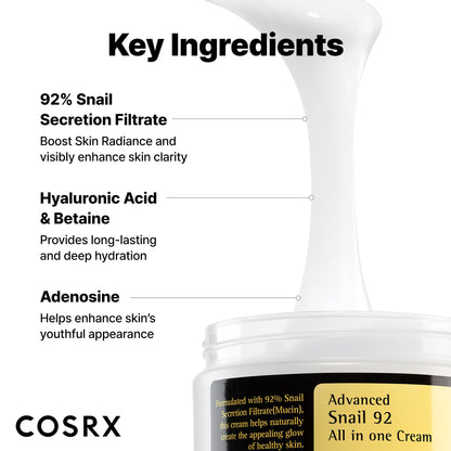 COSRX Snail Mucin 92% Face Moisturizer for Soft & Glowy Skin, 3.52 oz. COSRX