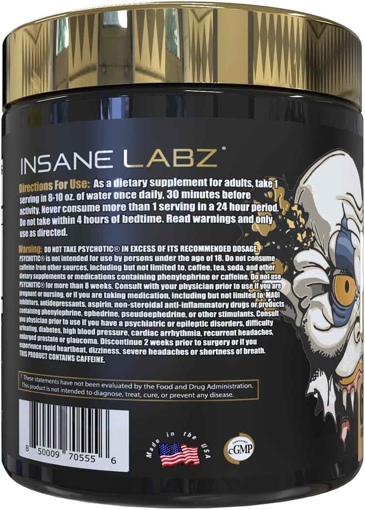 Insane Labz Psychotic Gold, High Stimulant Pre Workout Powder, Extreme Lasting Energy, Pumps and Endurance with Beta Alanine, DMAE Bitartrate, NO Booster (60 Servings, Gummy Candy)
