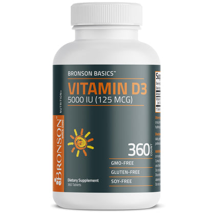 Bronson Vitamin D3 5000iu (125mcg) Healthy Muscle Function and Immune Support, Non-GMO, 360 Tablets Bronson