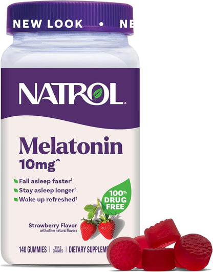 Natrol Melatonin 10 mg Gummies, Sleep Support for Adults, 140 Gummies | Supplement to Fall Asleep Faster & Stay Asleep Longer, Wake Up Refreshed, 100% Drug-Free, Strawberry-flavored, 70 Day Supply Gsupps Australia