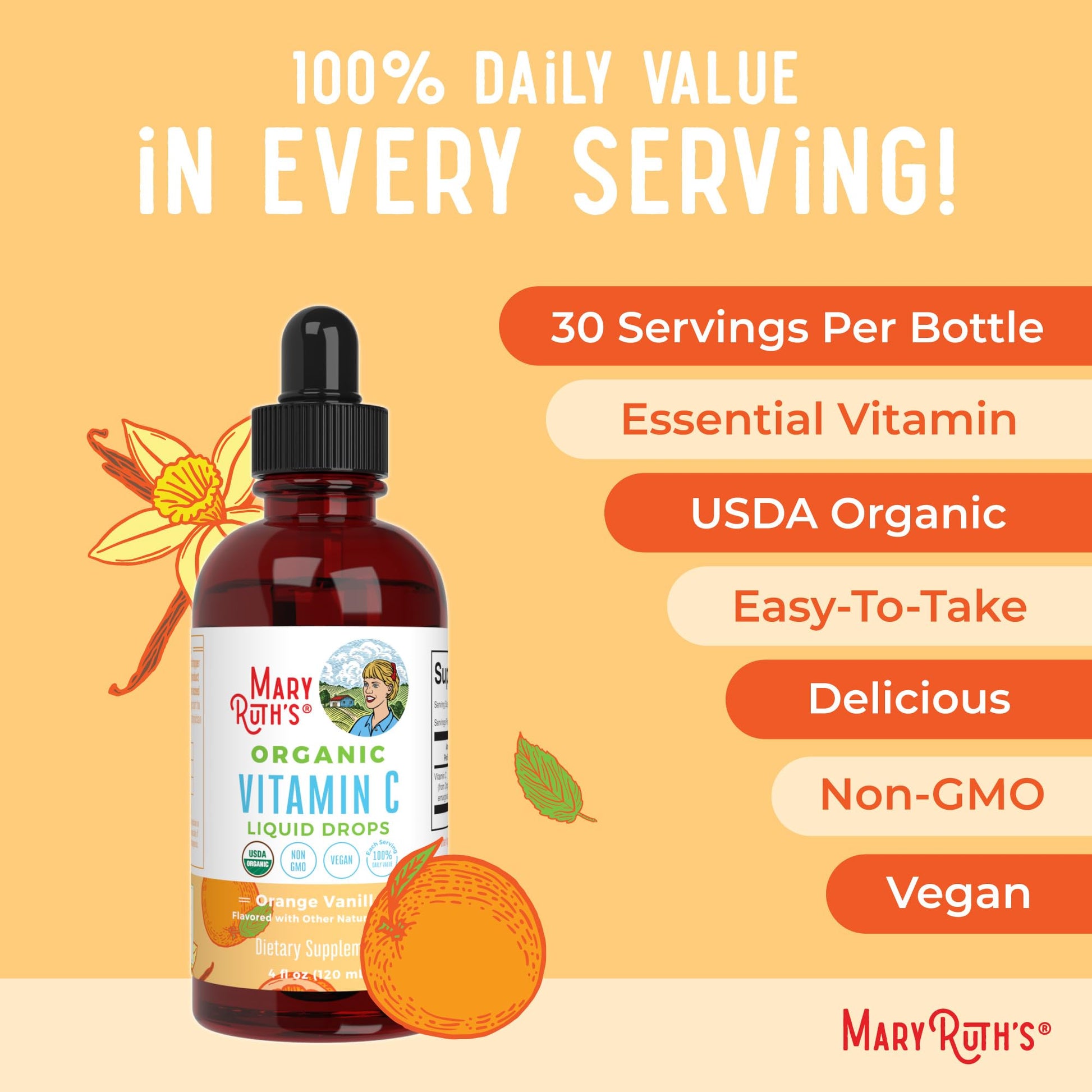 MARYRUTH'S Organic Vitamin C Supplement | Liquid Vitamin C Liquid Drops for Adults & Kids | Immune Support Supplement for Overall Health MARYRUTH'S
