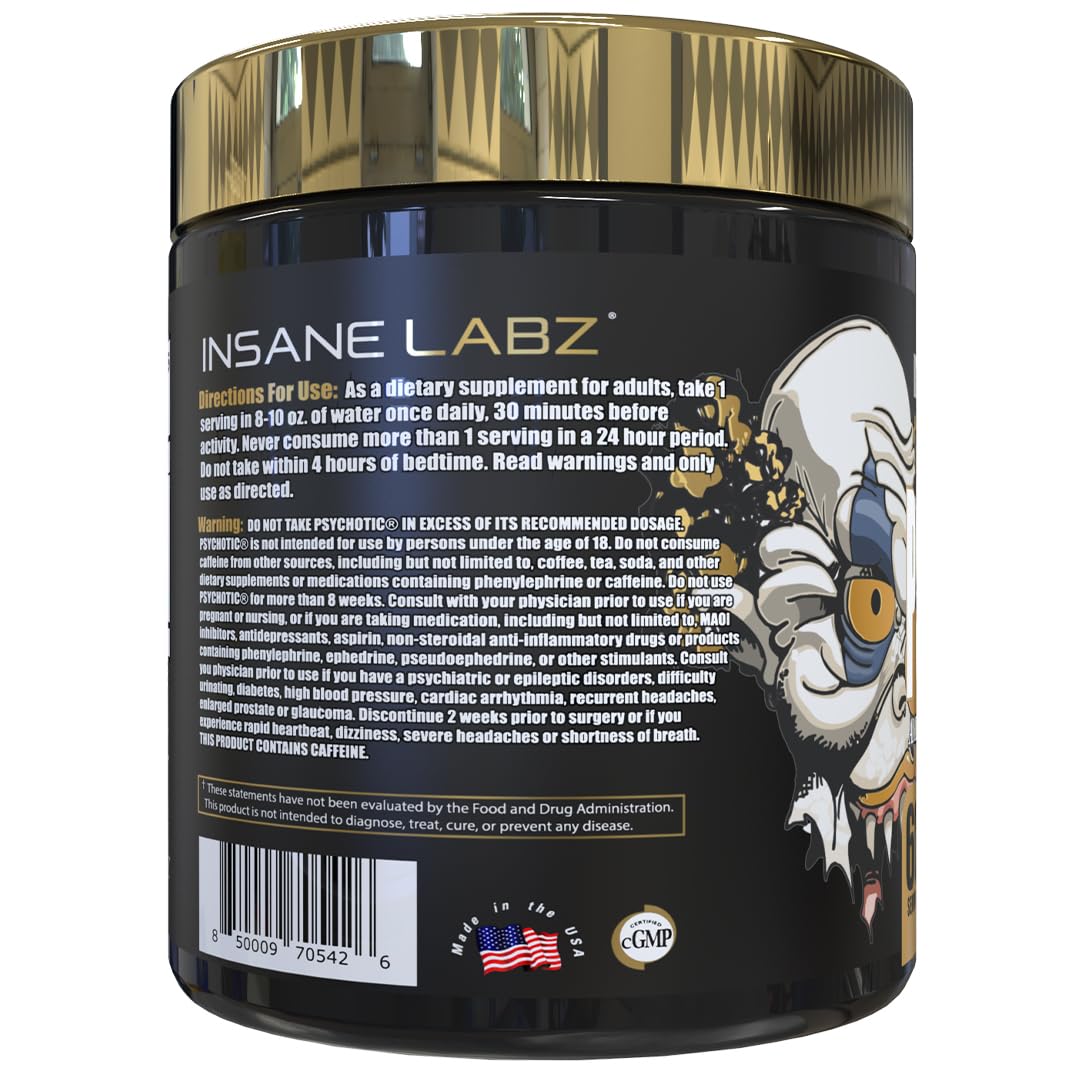 Insane Labz Psychotic Gold, High Stimulant Pre Workout Powder, Extreme Lasting Energy Focus, Pumps and Endurance with Beta Alanine, DMAE Bitartrate, NO Booster (35 Servings, Watermelon)